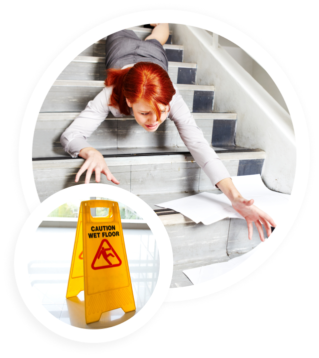 Frau rutscht auf der Treppe aus, weil der Boden nass ist und nicht auf den Arbeitsschutz in den Betreuungseinrichtungen geachtet wurden ist.